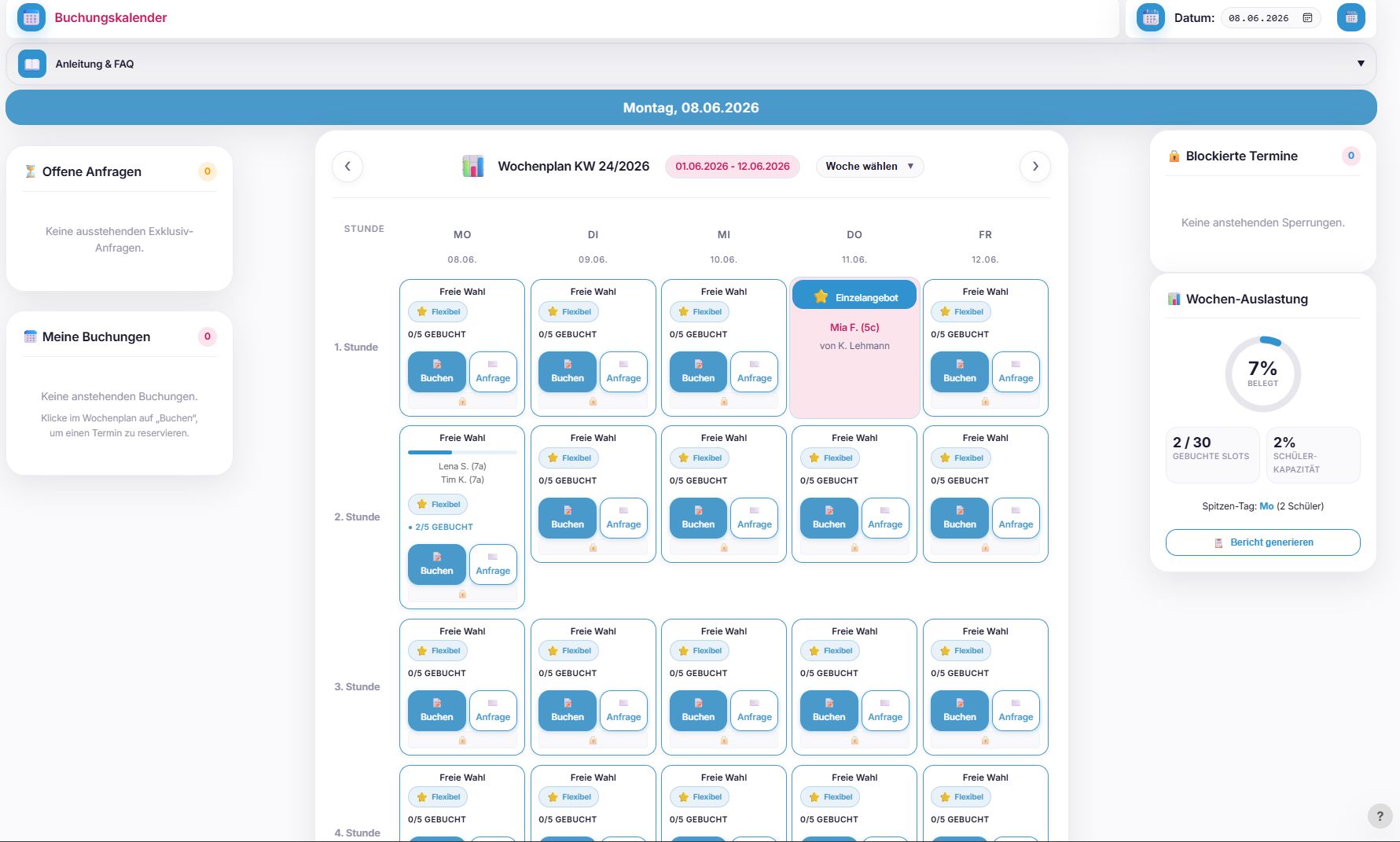 Das übersichtliche Dashboard und der Wochenplan